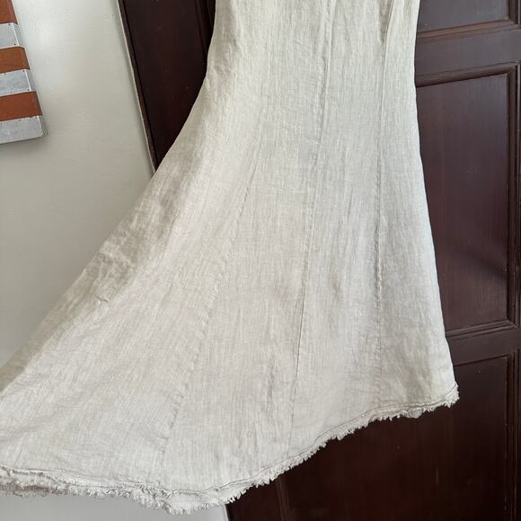 COSMO | Natural Linen Raw Hem High Neck Swing Dress Lagenlook | Size Extra Small - Picture 3 of 6